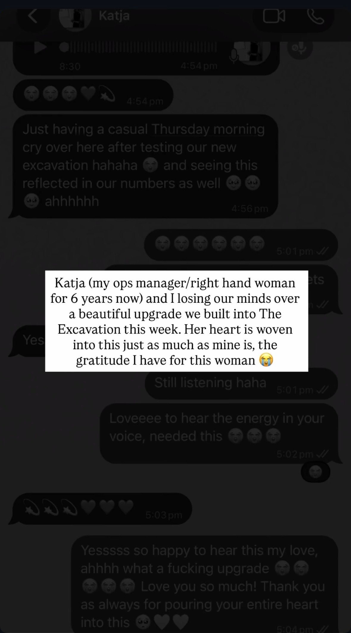 Text message from a client calling Katja her right hand woman of six years