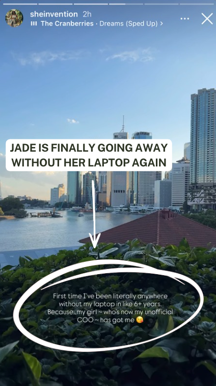 Instagram story from a client joking that she is finally going away without her laptop again